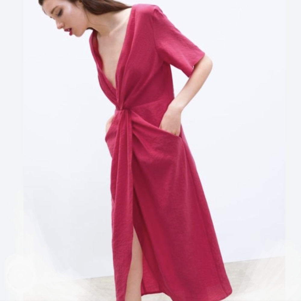 NWT Zara Midi Dress Sarong Style Twist Front Plunging Neckline Pockets Beachy L - Picture 3 of 17